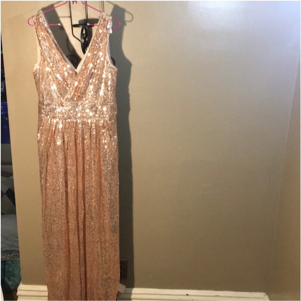 NEW KATE KASIN Pink Rose Gold Champagne VNeck Sequin Sparkle Maxi Gown Dress 10 - Picture 10 of 10